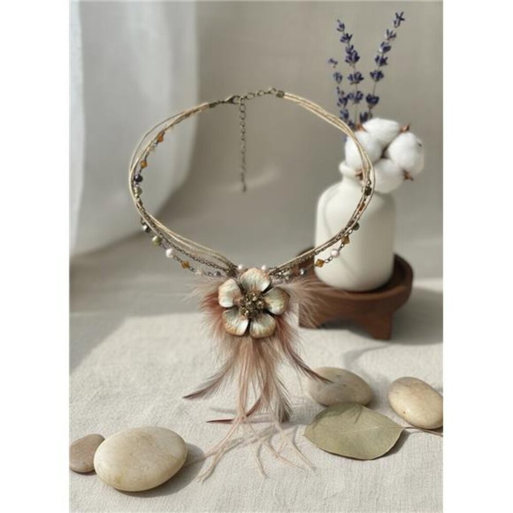 Relic By Fossil Signed Pearl Feather Flower Necklace Brass Tone 18 In Adj